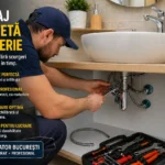 Instalator care montează chiuvetă și baterie într-o baie modernă din București, asigurând etanșare și fixare corectă