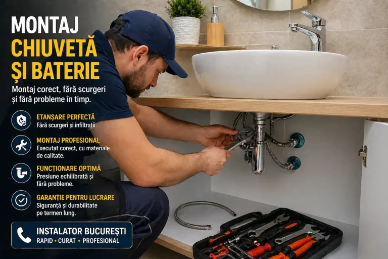 Instalator care montează chiuvetă și baterie într-o baie modernă din București, asigurând etanșare și fixare corectă